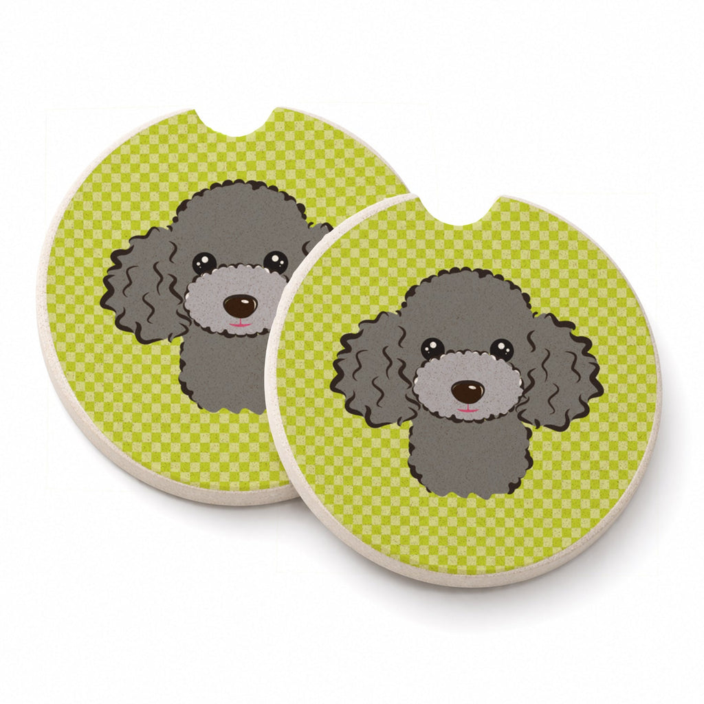 Checkerboard Lime Green Silver Gray Poodle Set of 2 Cup Holder Car Coasters Absorbent Round Sandstone Coasters Gifts for Men or Women, 2.5, Multicolor