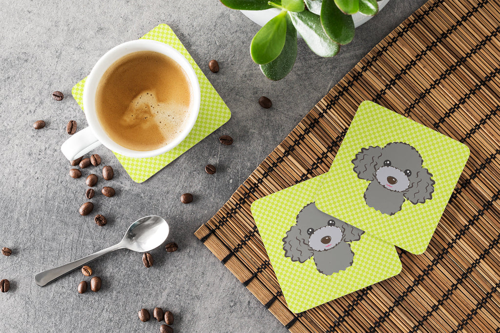 Checkerboard Lime Green Silver Gray Poodle Foam Coasters Set of 4 Cup Coasters for Indoor Outdoor, Tabletop Protection, Anti Slip, Mouse pad Material