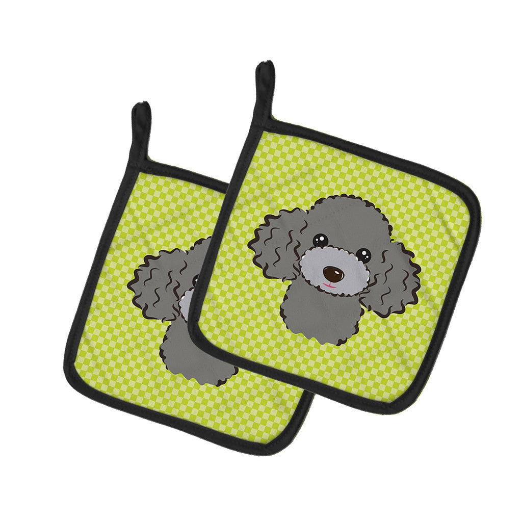 Checkerboard Lime Green Silver Gray Poodle Pot Holder Set of 2 Heat Resistant Quilted Hot Pads 7.5 x 7.5 Inch, Insulated Kitchen Trivets for Cooking & Baking
