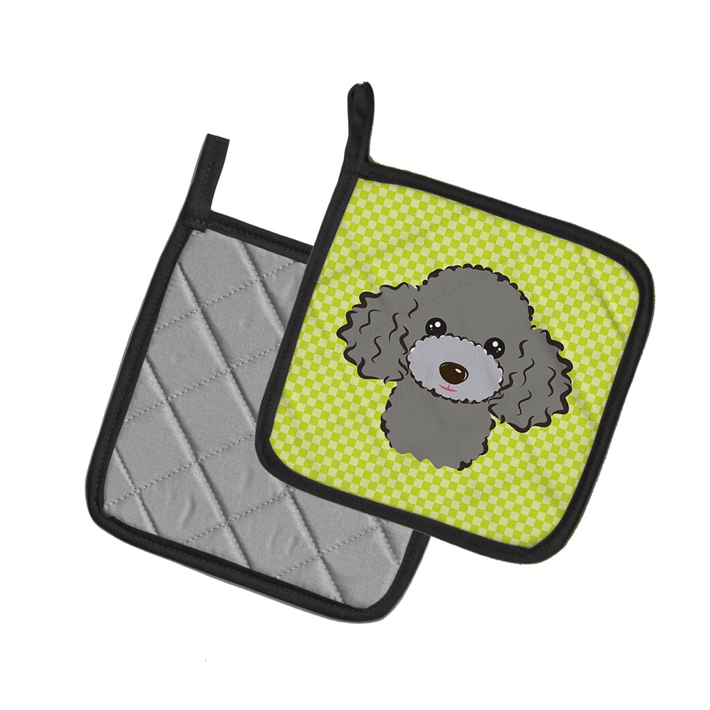 Checkerboard Lime Green Silver Gray Poodle Pot Holder Set of 2 Heat Resistant Quilted Hot Pads 7.5 x 7.5 Inch, Insulated Kitchen Trivets for Cooking & Baking