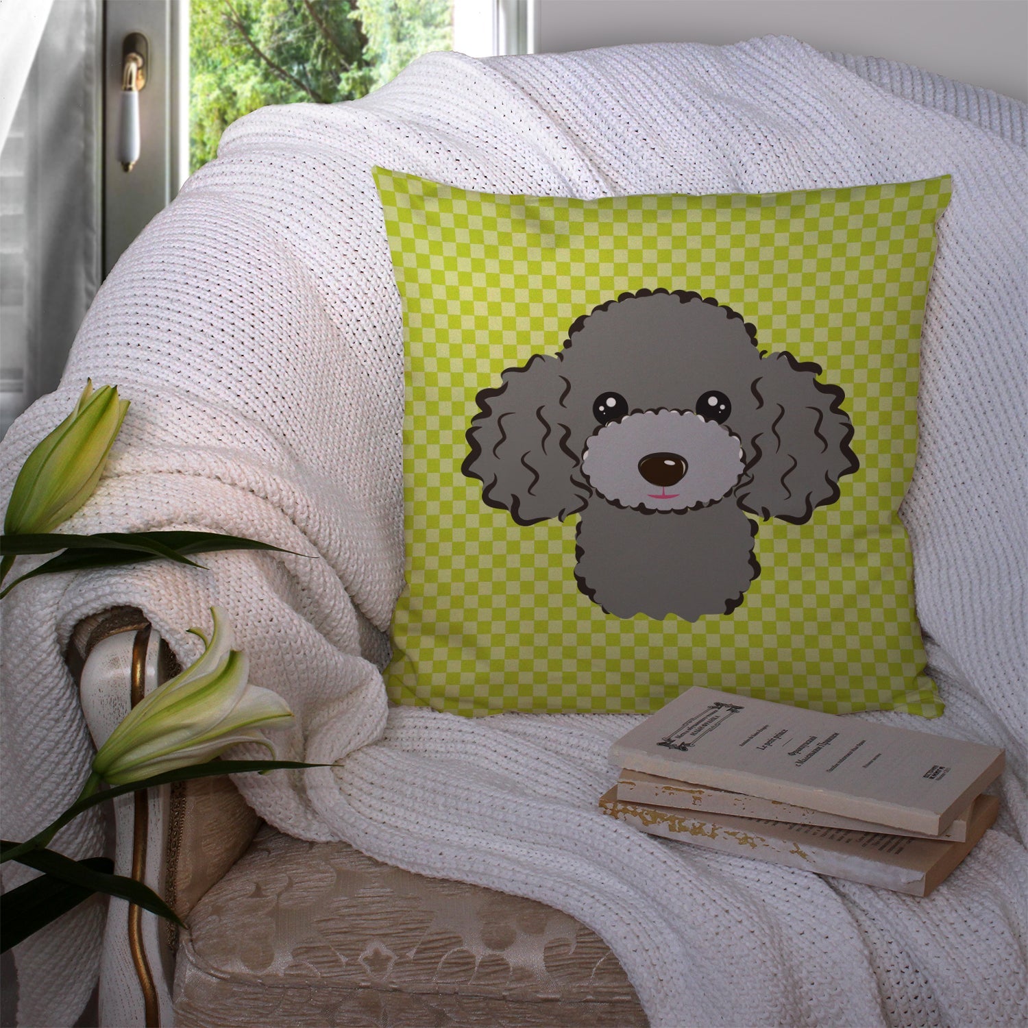 Checkerboard Lime Green Silver Gray Poodle Decorative Throw Pillow 14x14 Indoor Outdoor Accent Cushion, Fabric Cover with Insert for Sofa, Bed, Porch & Living Room