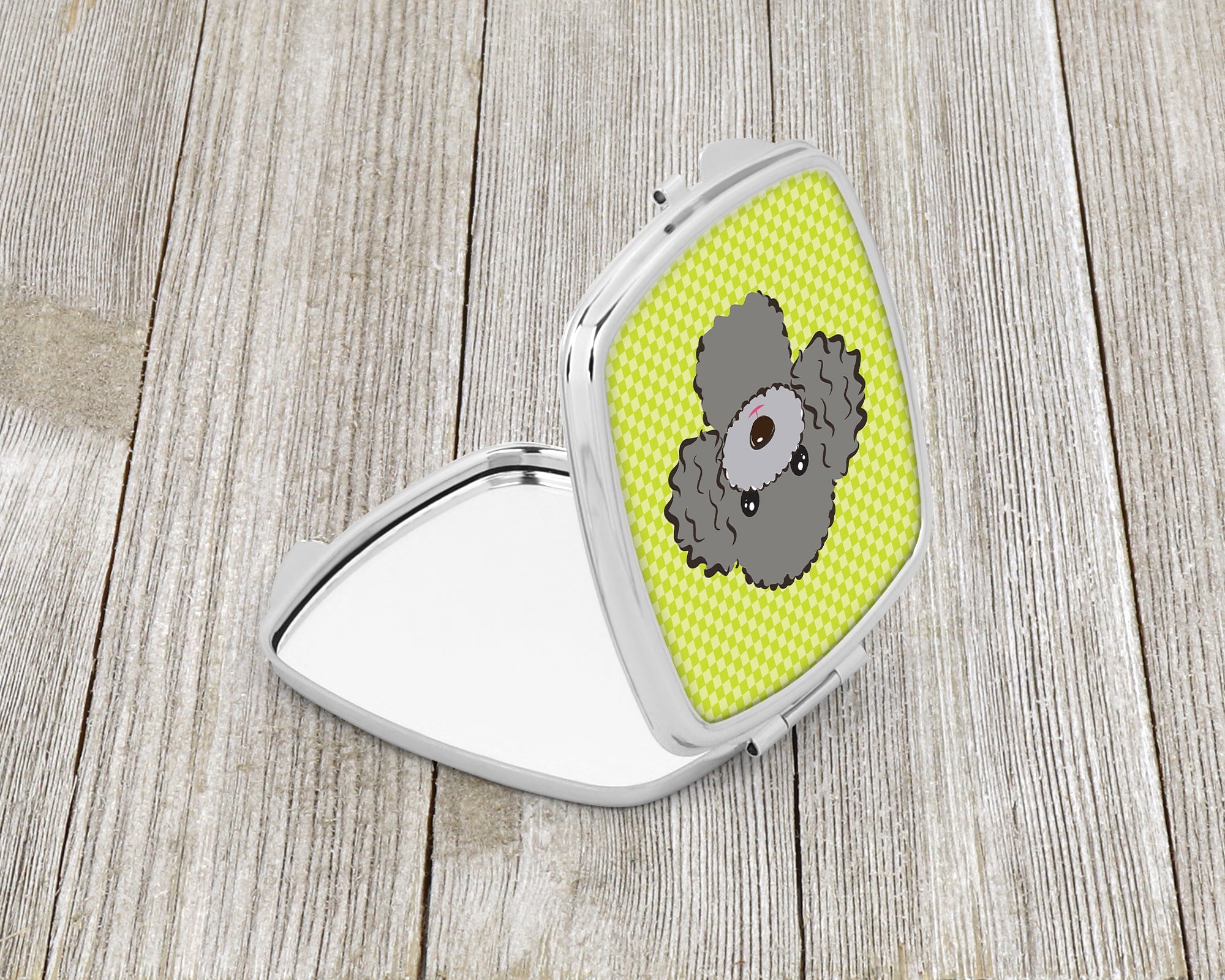 Checkerboard Lime Green Silver Gray Poodle Compact Mirror Decorative Travel Makeup Mirror for Women Girls Gifts Pocket Makeup Mirror Folding Handheld
