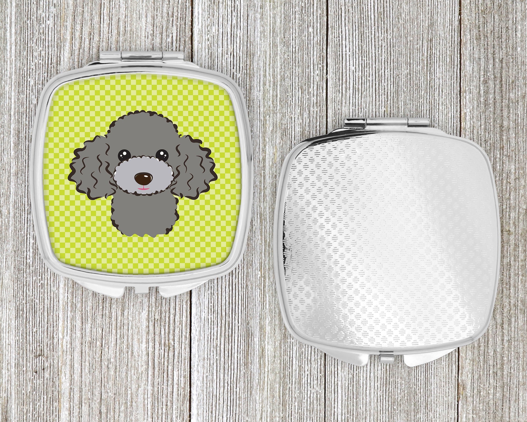 Checkerboard Lime Green Silver Gray Poodle Compact Mirror Decorative Travel Makeup Mirror for Women Girls Gifts Pocket Makeup Mirror Folding Handheld