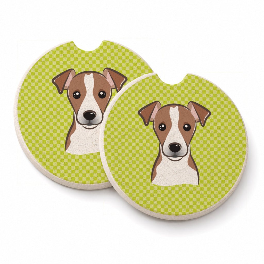 Checkerboard Lime Green Jack Russell Terrier Set of 2 Cup Holder Car Coasters Absorbent Round Sandstone Coasters Gifts for Men or Women, 2.5, Multicolor