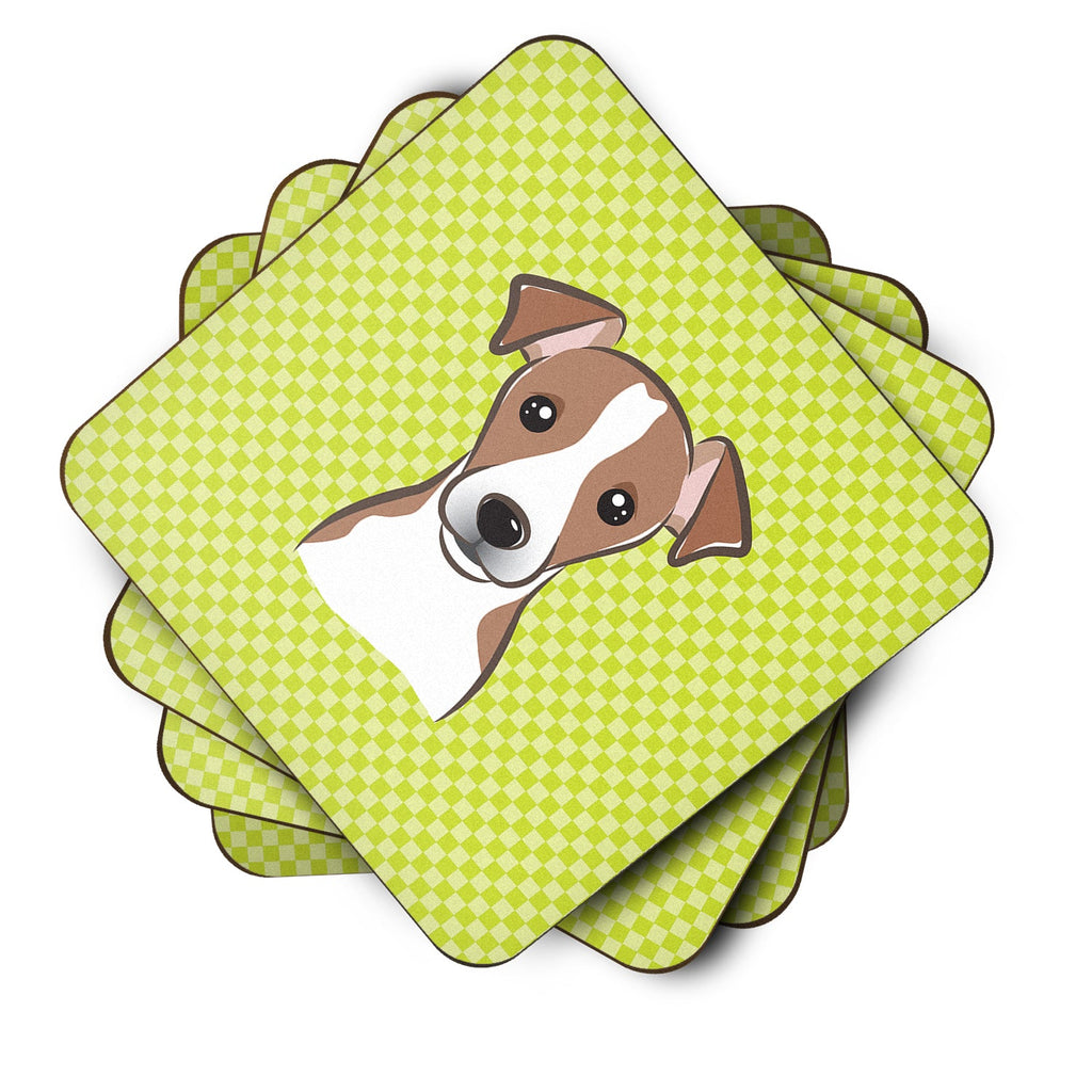 Checkerboard Lime Green Jack Russell Terrier Foam Coasters Set of 4 Cup Coasters for Indoor Outdoor, Tabletop Protection, Anti Slip, Mouse pad Material
