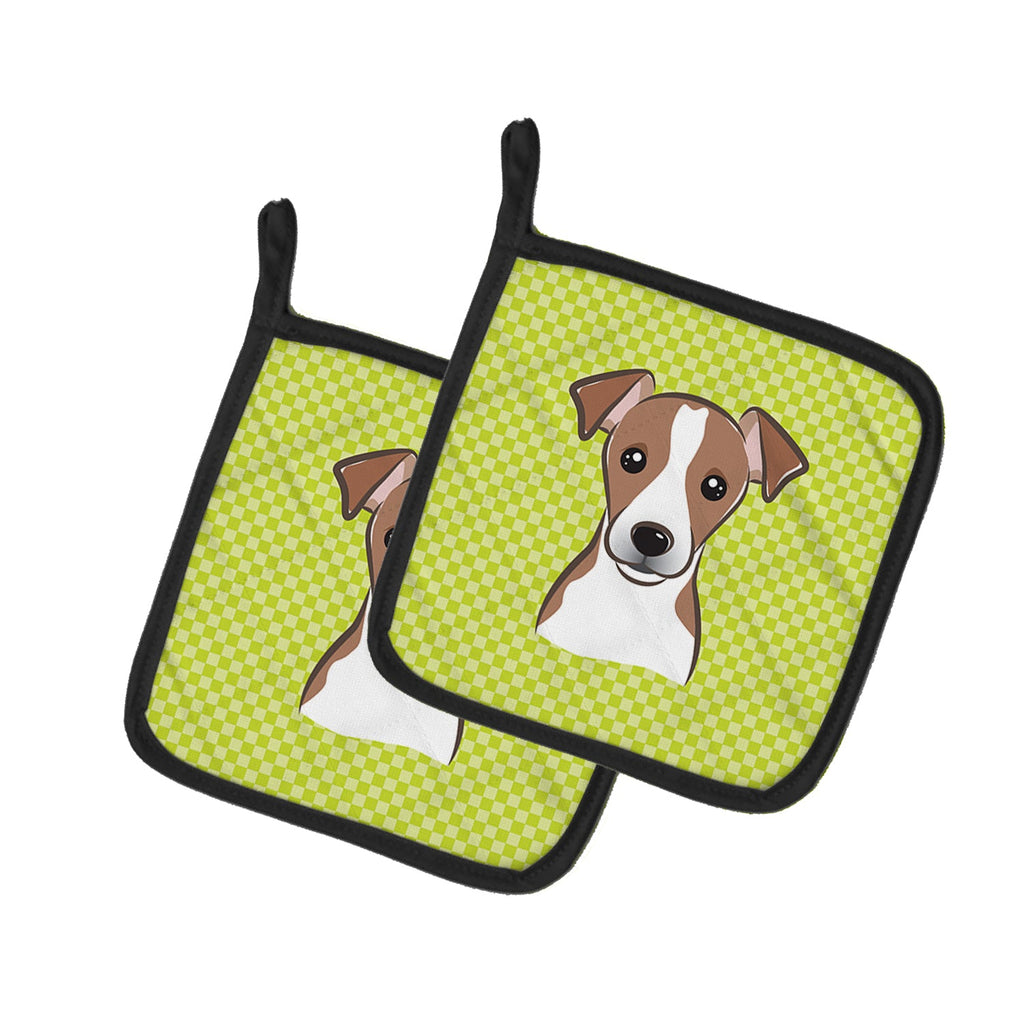 Checkerboard Lime Green Jack Russell Terrier Pot Holder Set of 2 Heat Resistant Quilted Hot Pads 7.5 x 7.5 Inch, Insulated Kitchen Trivets for Cooking & Baking