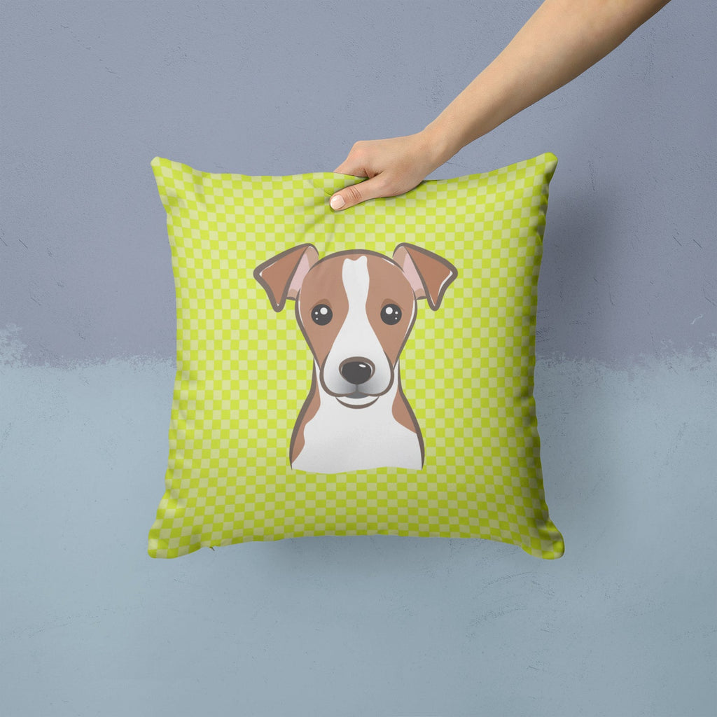 Checkerboard Lime Green Jack Russell Terrier Decorative Throw Pillow 14x14 Indoor Outdoor Accent Cushion, Fabric Cover with Insert for Sofa, Bed, Porch & Living Room