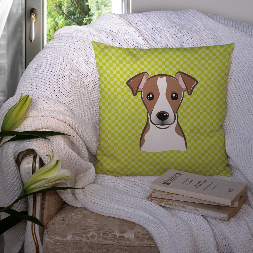 Checkerboard Lime Green Jack Russell Terrier Decorative Throw Pillow 14x14 Indoor Outdoor Accent Cushion, Fabric Cover with Insert for Sofa, Bed, Porch & Living Room