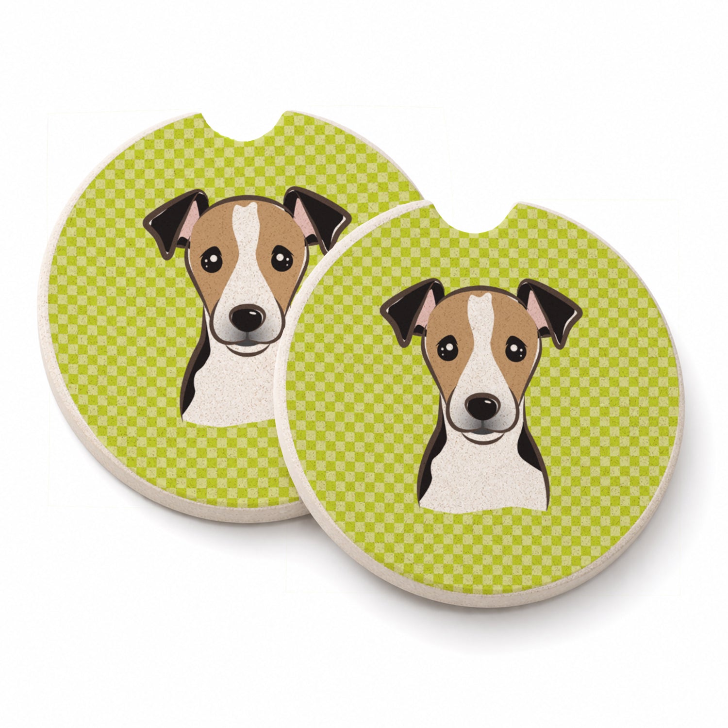 Checkerboard Lime Green Jack Russell Terrier Set of 2 Cup Holder Car Coasters Absorbent Round Sandstone Coasters Gifts for Men or Women, 2.5, Multicolor
