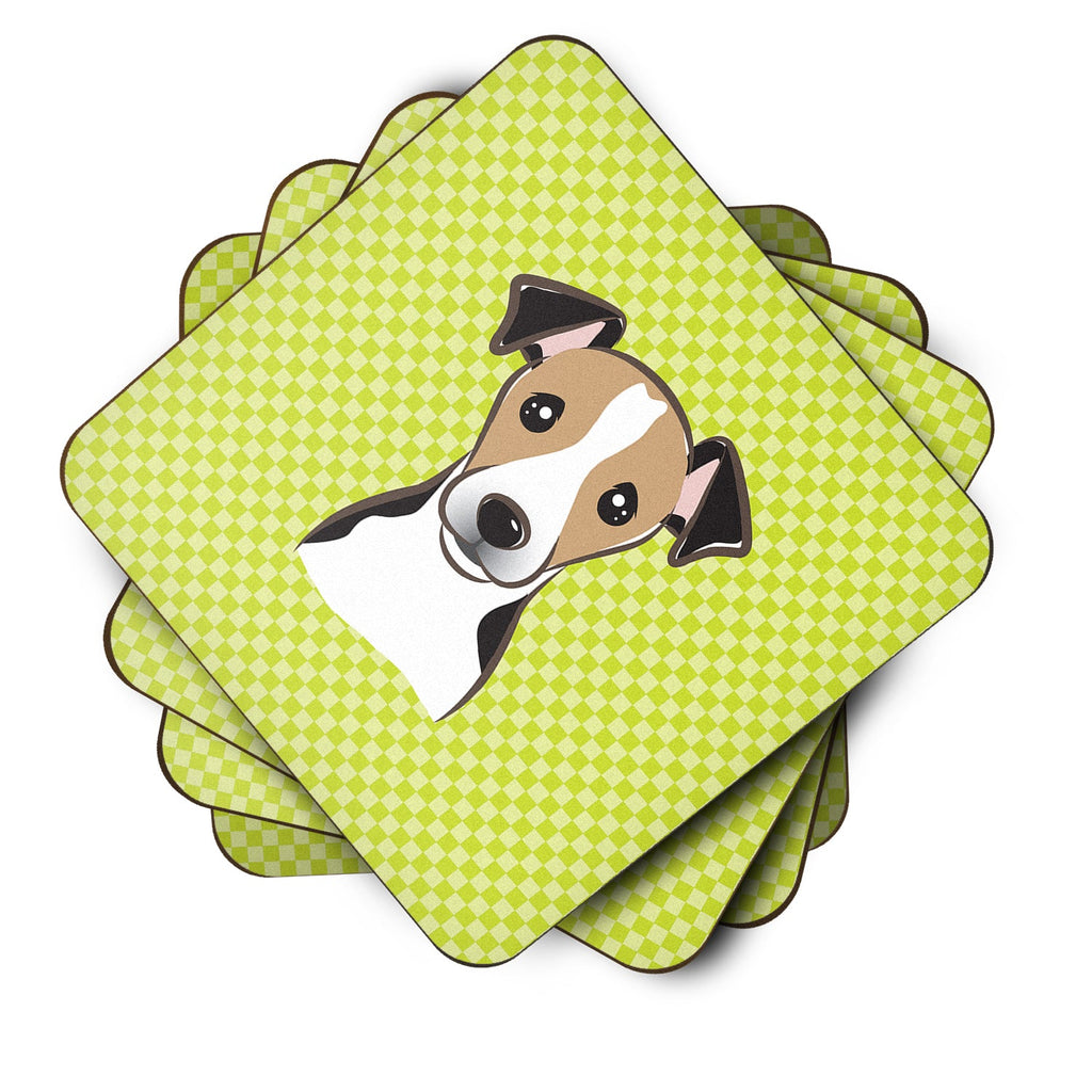 Checkerboard Lime Green Jack Russell Terrier Foam Coasters Set of 4 Cup Coasters for Indoor Outdoor, Tabletop Protection, Anti Slip, Mouse pad Material