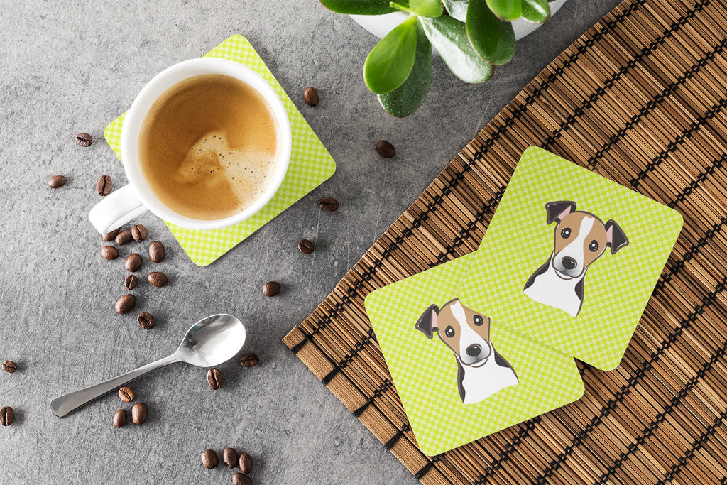 Checkerboard Lime Green Jack Russell Terrier Foam Coasters Set of 4 Cup Coasters for Indoor Outdoor, Tabletop Protection, Anti Slip, Mouse pad Material