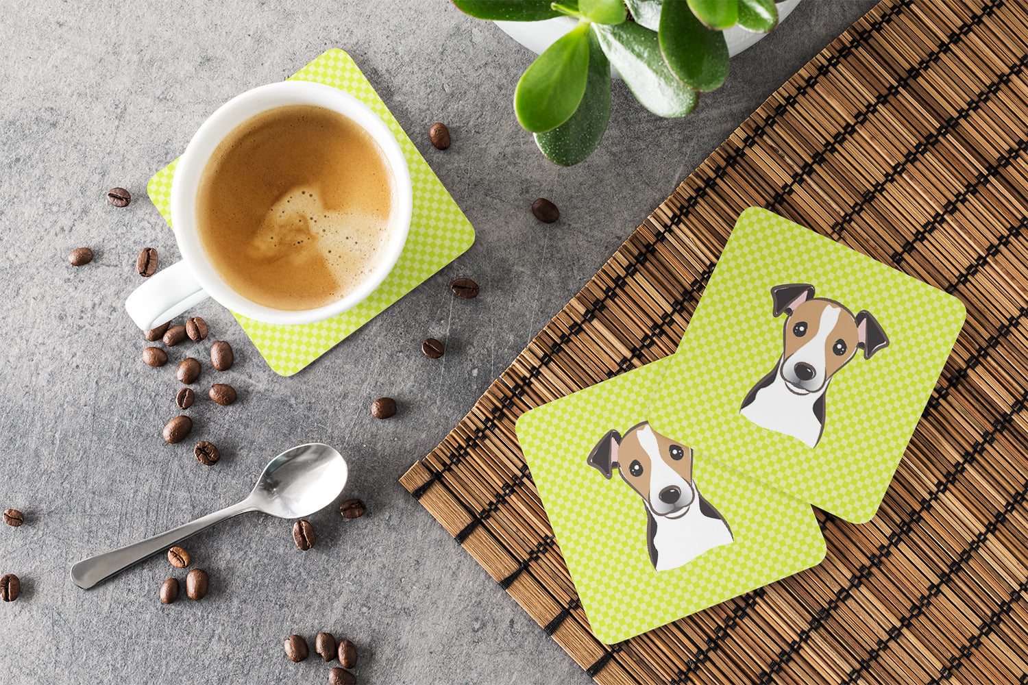 Checkerboard Lime Green Jack Russell Terrier Foam Coasters Set of 4 Cup Coasters for Indoor Outdoor, Tabletop Protection, Anti Slip, Mouse pad Material