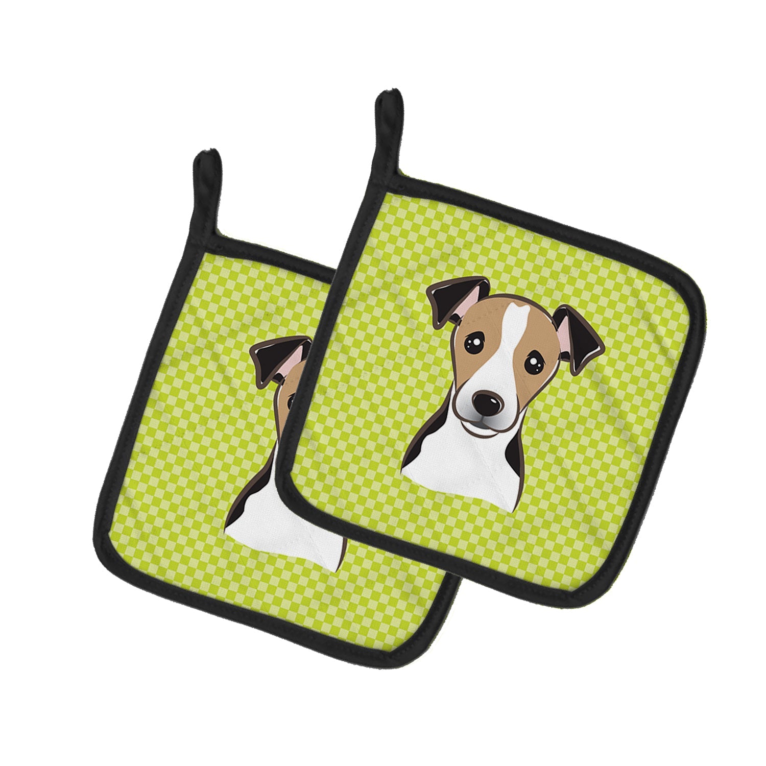 Checkerboard Lime Green Jack Russell Terrier Pot Holder Set of 2 Heat Resistant Quilted Hot Pads 7.5 x 7.5 Inch, Insulated Kitchen Trivets for Cooking & Baking