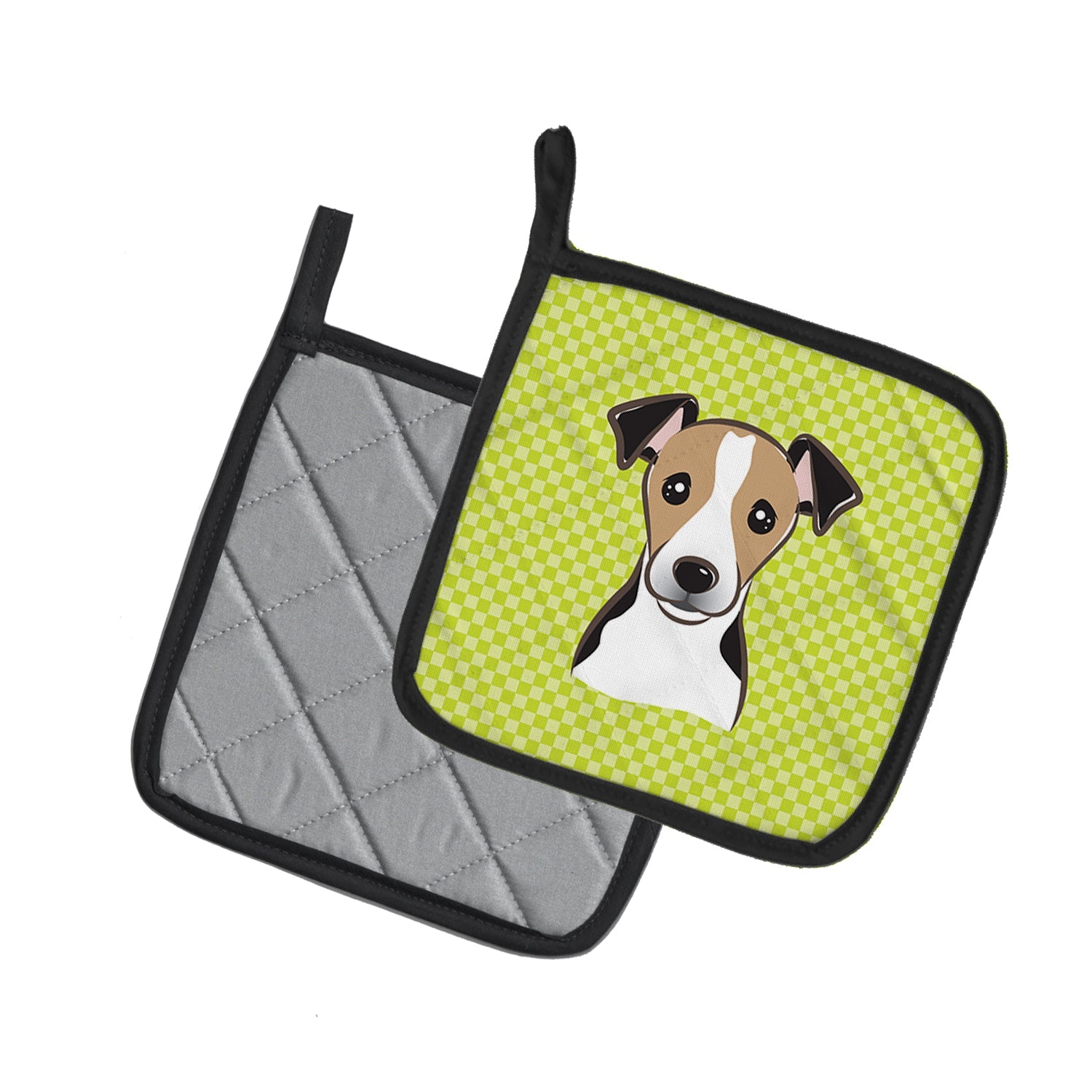 Checkerboard Lime Green Jack Russell Terrier Pot Holder Set of 2 Heat Resistant Quilted Hot Pads 7.5 x 7.5 Inch, Insulated Kitchen Trivets for Cooking & Baking