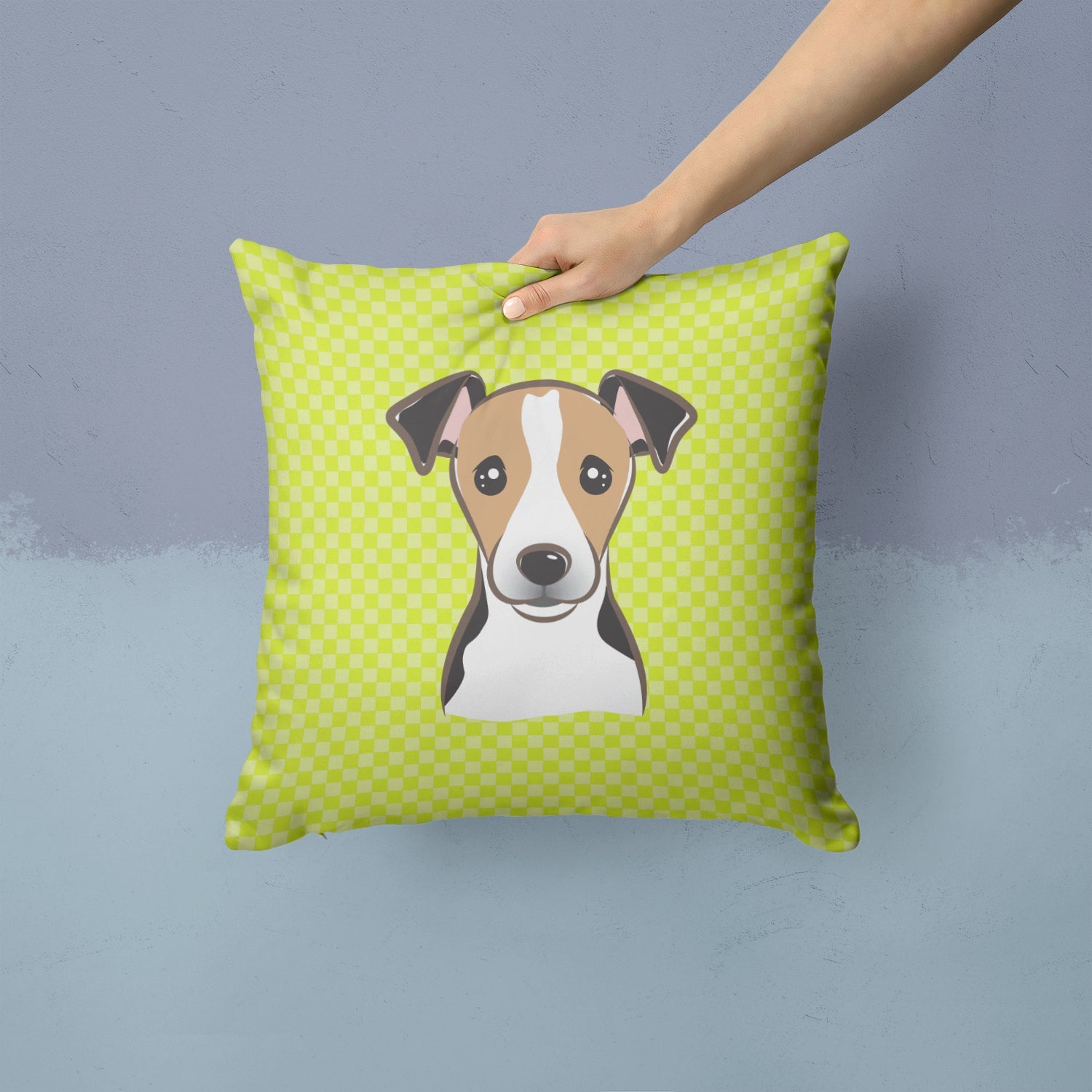 Checkerboard Lime Green Jack Russell Terrier Decorative Throw Pillow 14x14 Indoor Outdoor Accent Cushion, Fabric Cover with Insert for Sofa, Bed, Porch & Living Room