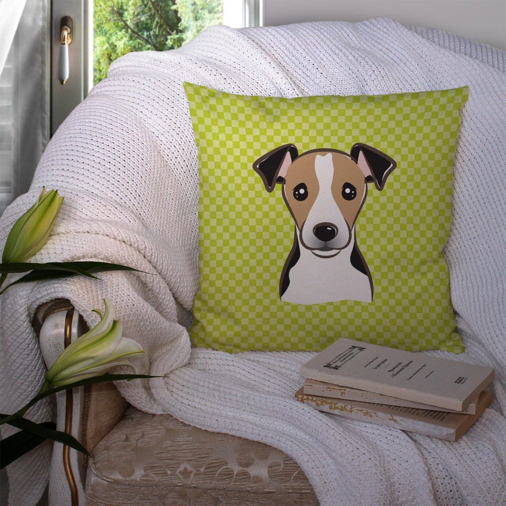 Checkerboard Lime Green Jack Russell Terrier Decorative Throw Pillow 14x14 Indoor Outdoor Accent Cushion, Fabric Cover with Insert for Sofa, Bed, Porch & Living Room