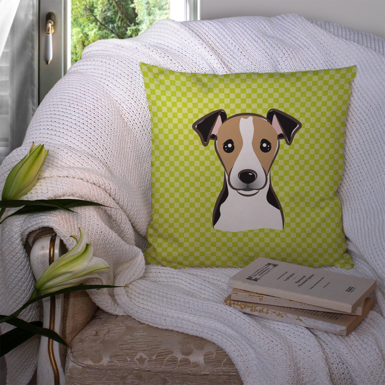 Checkerboard Lime Green Jack Russell Terrier Decorative Throw Pillow 14x14 Indoor Outdoor Accent Cushion, Fabric Cover with Insert for Sofa, Bed, Porch & Living Room
