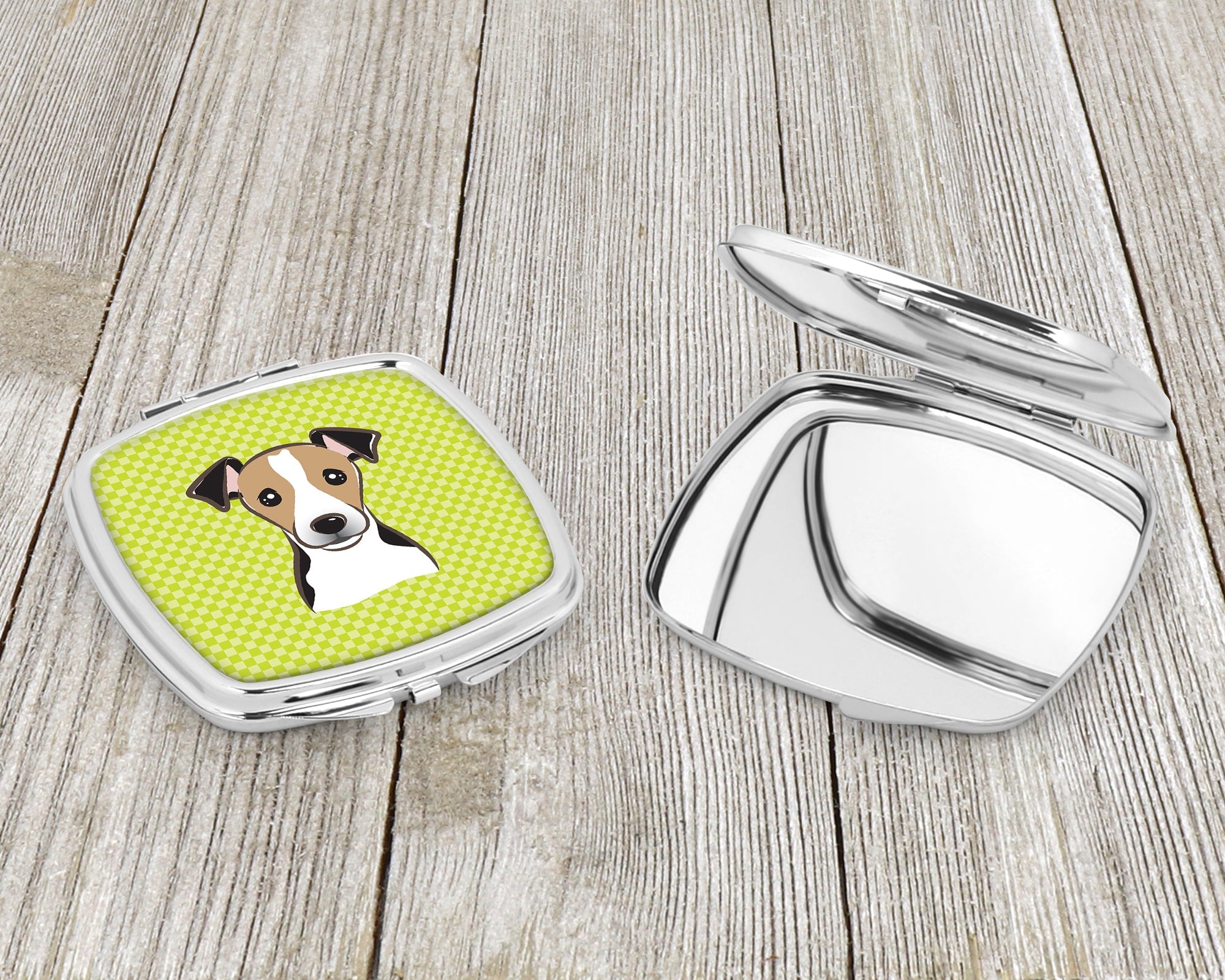Checkerboard Lime Green Jack Russell Terrier Compact Mirror Decorative Travel Makeup Mirror for Women Girls Gifts Pocket Makeup Mirror Folding Handheld
