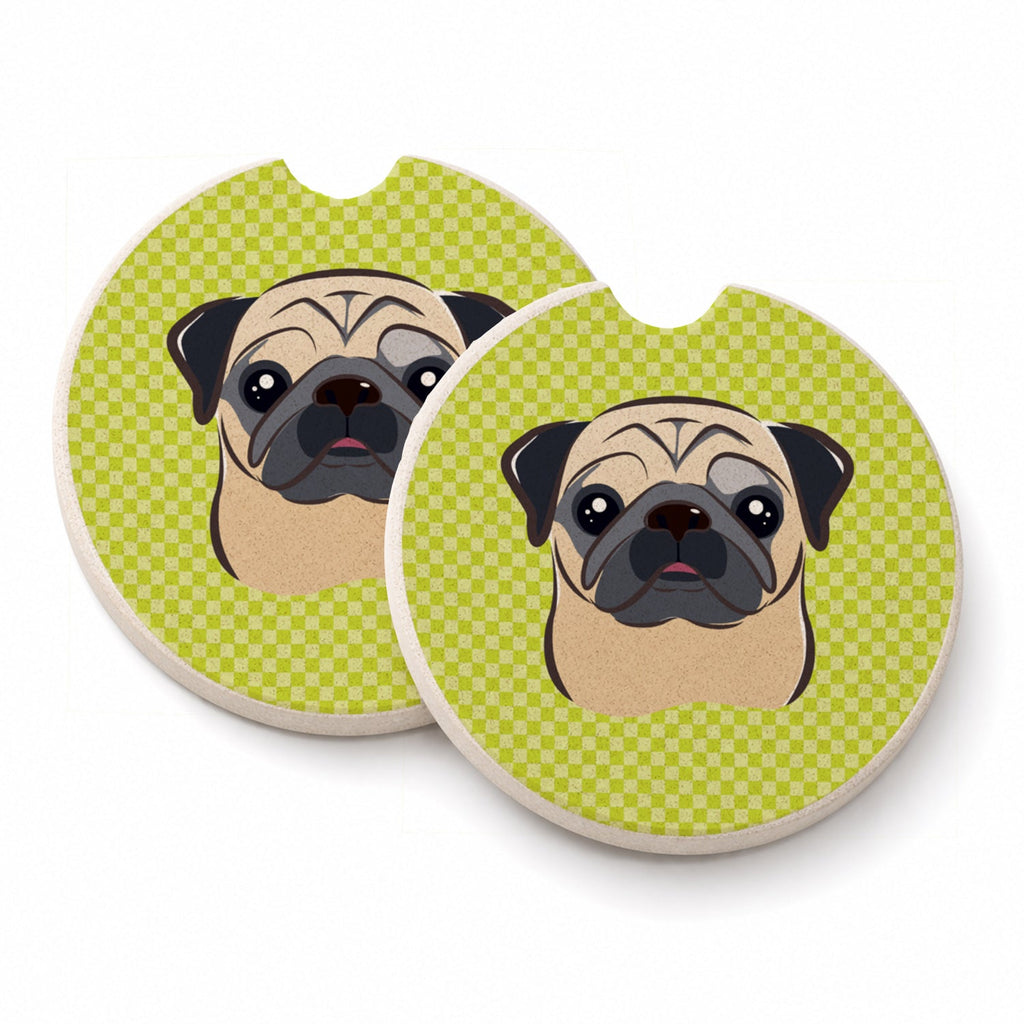 Checkerboard Lime Green Fawn Pug Set of 2 Cup Holder Car Coasters Absorbent Round Sandstone Coasters Gifts for Men or Women, 2.5, Multicolor