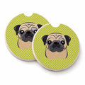 Checkerboard Lime Green Fawn Pug Set of 2 Cup Holder Car Coasters Absorbent Round Sandstone Coasters Gifts for Men or Women, 2.5, Multicolor