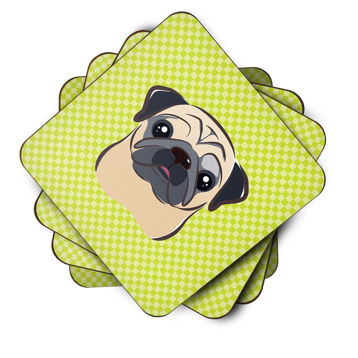 Checkerboard Lime Green Fawn Pug Foam Coasters Set of 4 Cup Coasters for Indoor Outdoor, Tabletop Protection, Anti Slip, Mouse pad Material