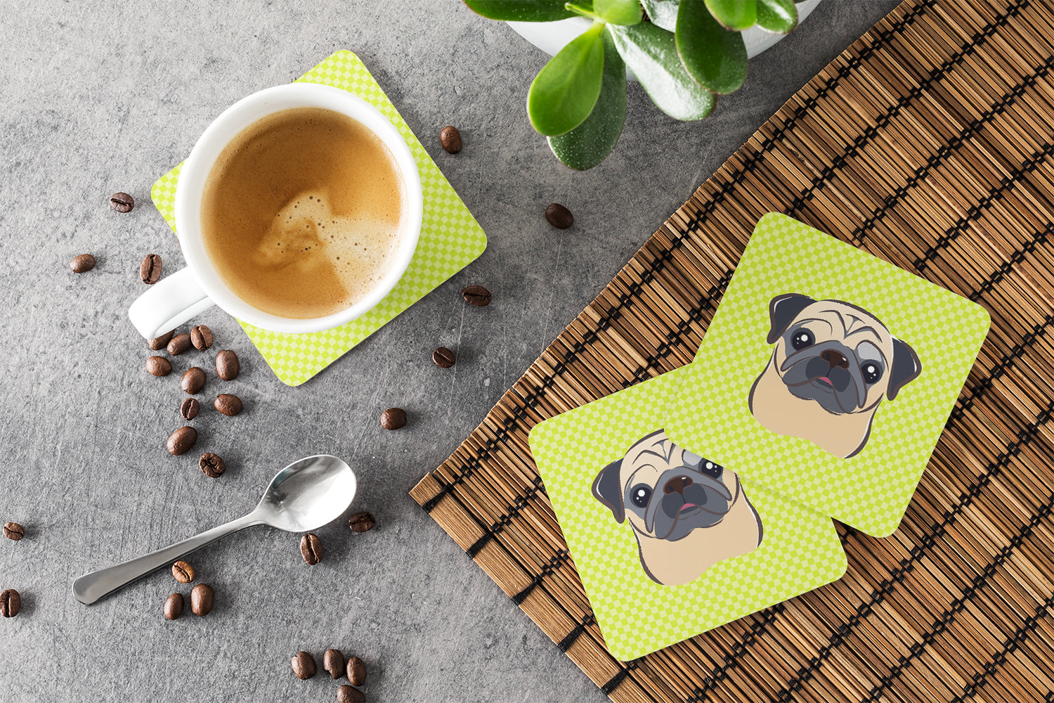 Checkerboard Lime Green Fawn Pug Foam Coasters Set of 4 Cup Coasters for Indoor Outdoor, Tabletop Protection, Anti Slip, Mouse pad Material