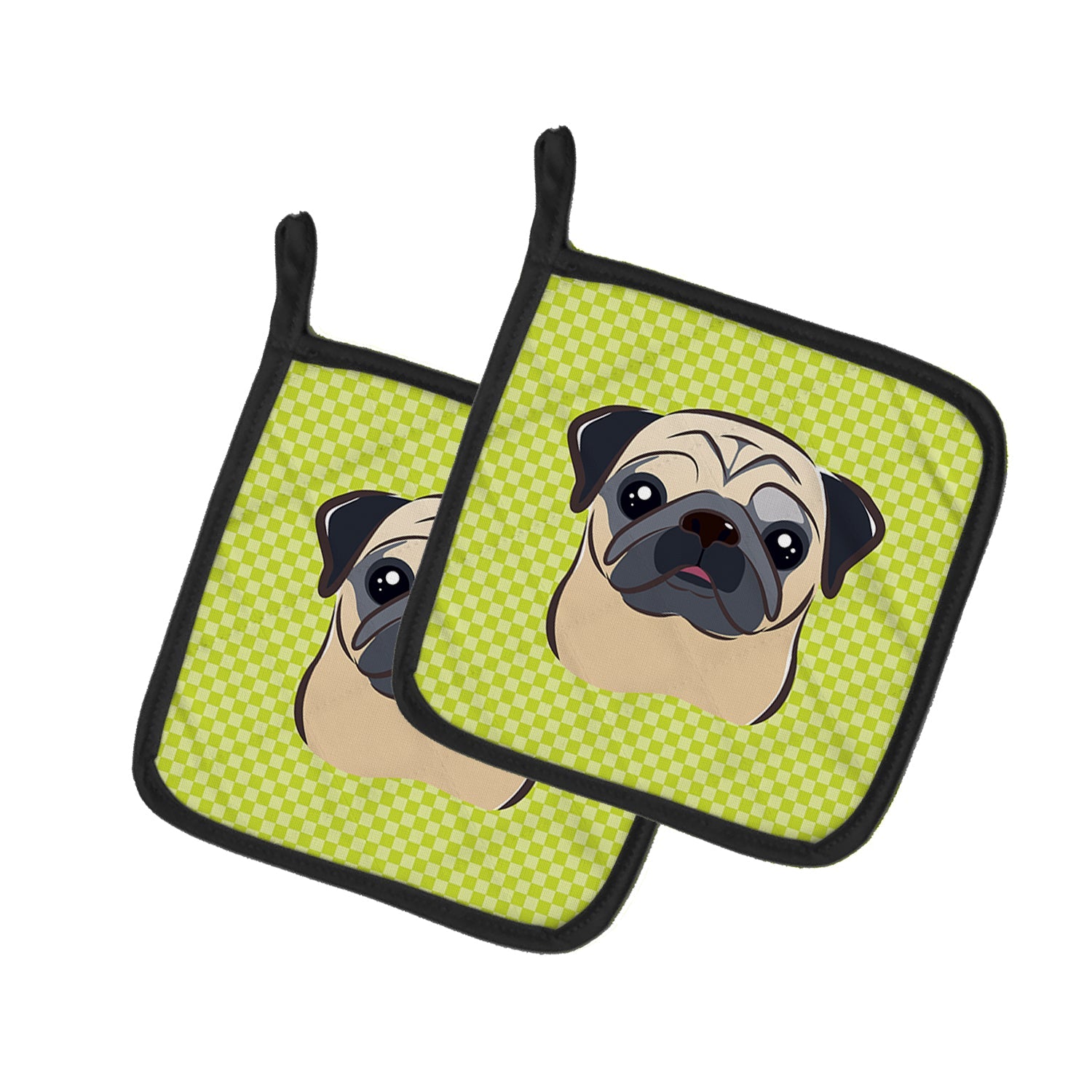 Checkerboard Lime Green Fawn Pug Pot Holder Set of 2 Heat Resistant Quilted Hot Pads 7.5 x 7.5 Inch, Insulated Kitchen Trivets for Cooking & Baking