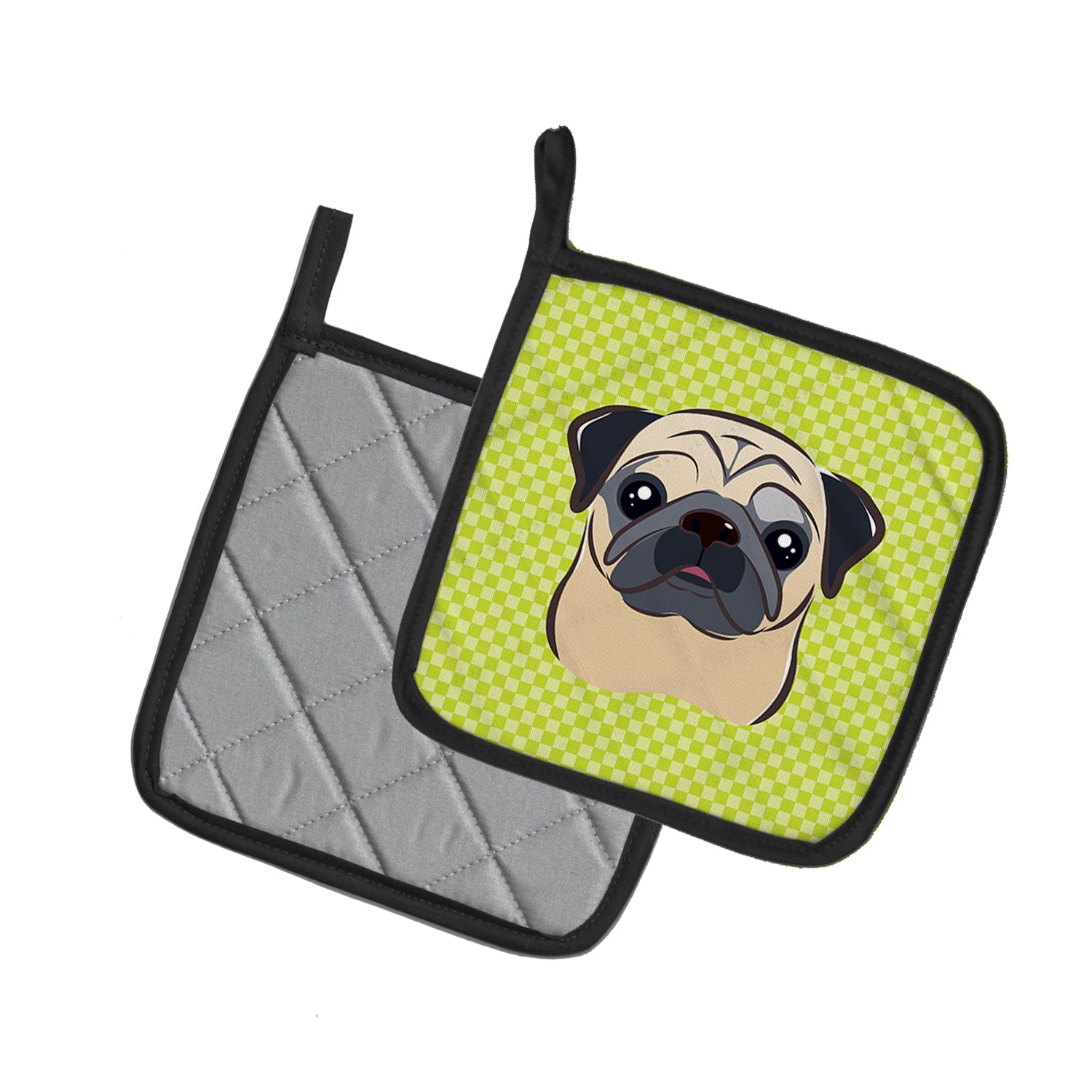 Checkerboard Lime Green Fawn Pug Pot Holder Set of 2 Heat Resistant Quilted Hot Pads 7.5 x 7.5 Inch, Insulated Kitchen Trivets for Cooking & Baking