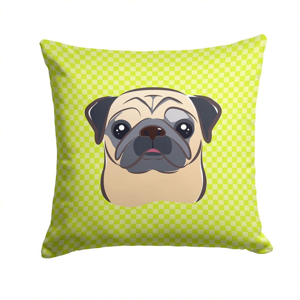Checkerboard Lime Green Fawn Pug Decorative Throw Pillow 14x14 Indoor Outdoor Accent Cushion, Fabric Cover with Insert for Sofa, Bed, Porch & Living Room