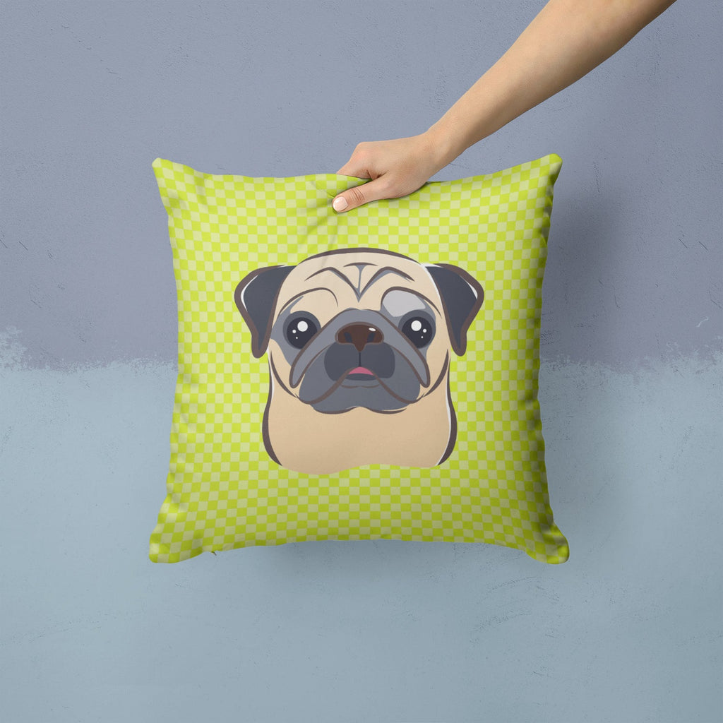 Checkerboard Lime Green Fawn Pug Decorative Throw Pillow 14x14 Indoor Outdoor Accent Cushion, Fabric Cover with Insert for Sofa, Bed, Porch & Living Room
