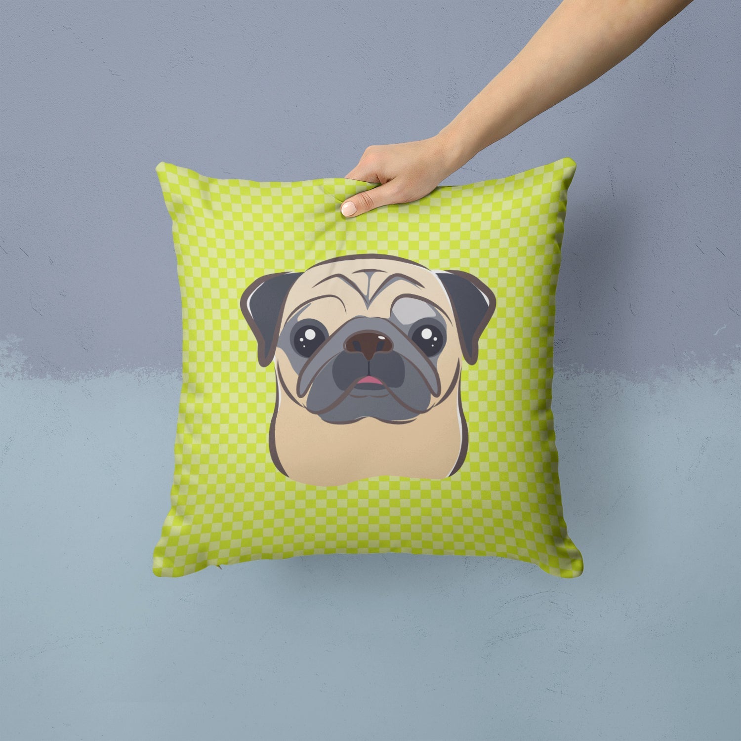 Checkerboard Lime Green Fawn Pug Decorative Throw Pillow 14x14 Indoor Outdoor Accent Cushion, Fabric Cover with Insert for Sofa, Bed, Porch & Living Room