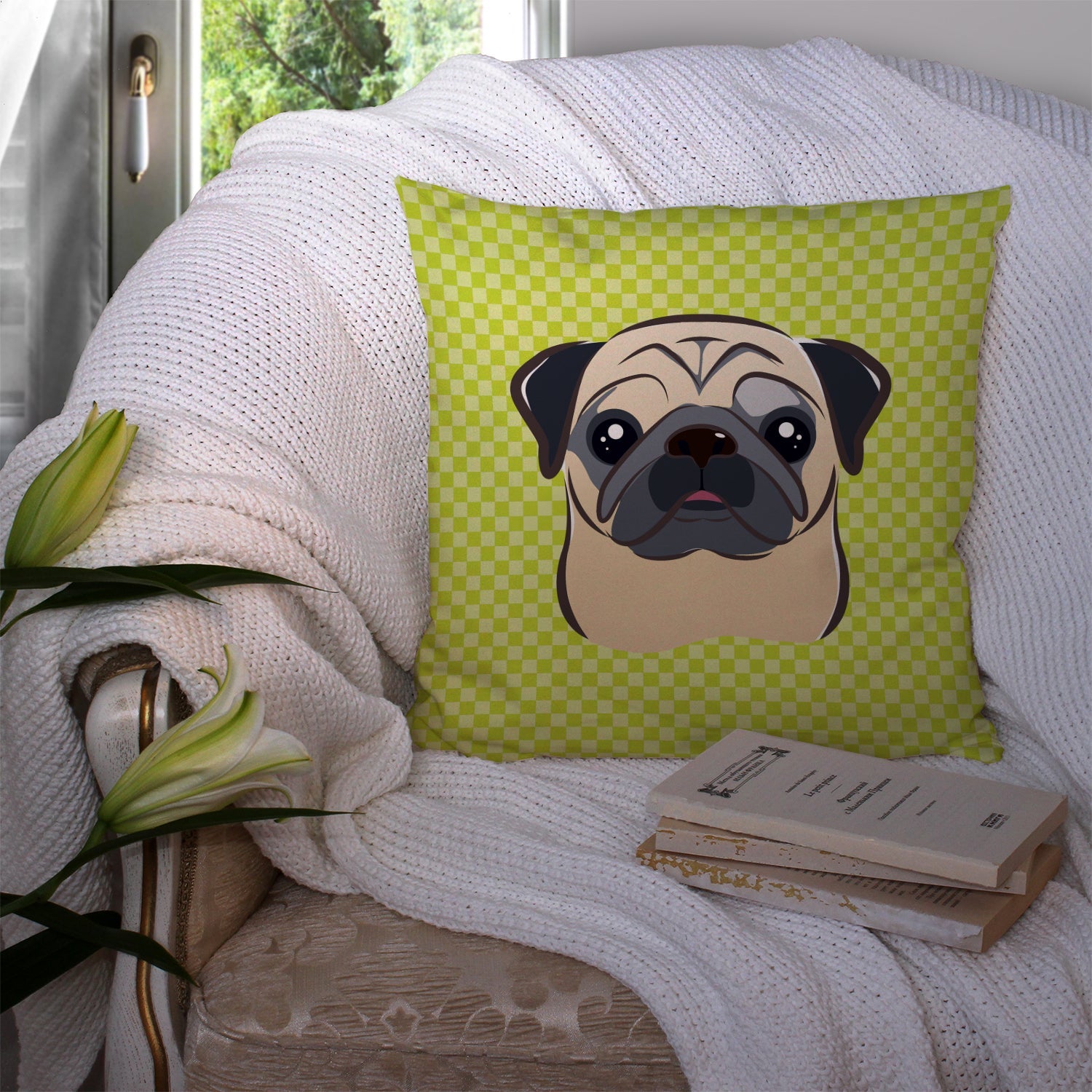 Checkerboard Lime Green Fawn Pug Decorative Throw Pillow 14x14 Indoor Outdoor Accent Cushion, Fabric Cover with Insert for Sofa, Bed, Porch & Living Room