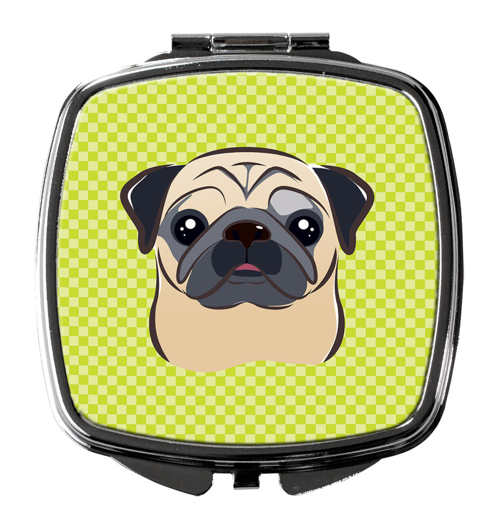 Checkerboard Lime Green Fawn Pug Compact Mirror Decorative Travel Makeup Mirror for Women Girls Gifts Pocket Makeup Mirror Folding Handheld