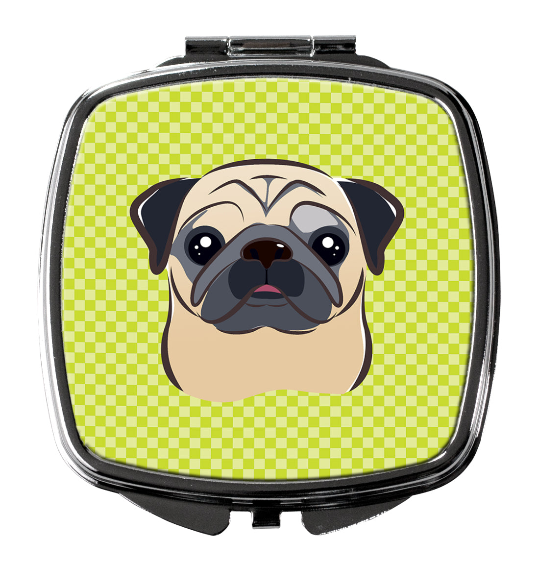 Checkerboard Lime Green Fawn Pug Compact Mirror Decorative Travel Makeup Mirror for Women Girls Gifts Pocket Makeup Mirror Folding Handheld