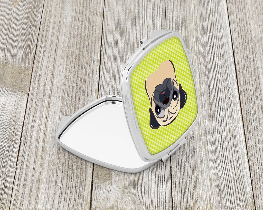 Checkerboard Lime Green Fawn Pug Compact Mirror Decorative Travel Makeup Mirror for Women Girls Gifts Pocket Makeup Mirror Folding Handheld