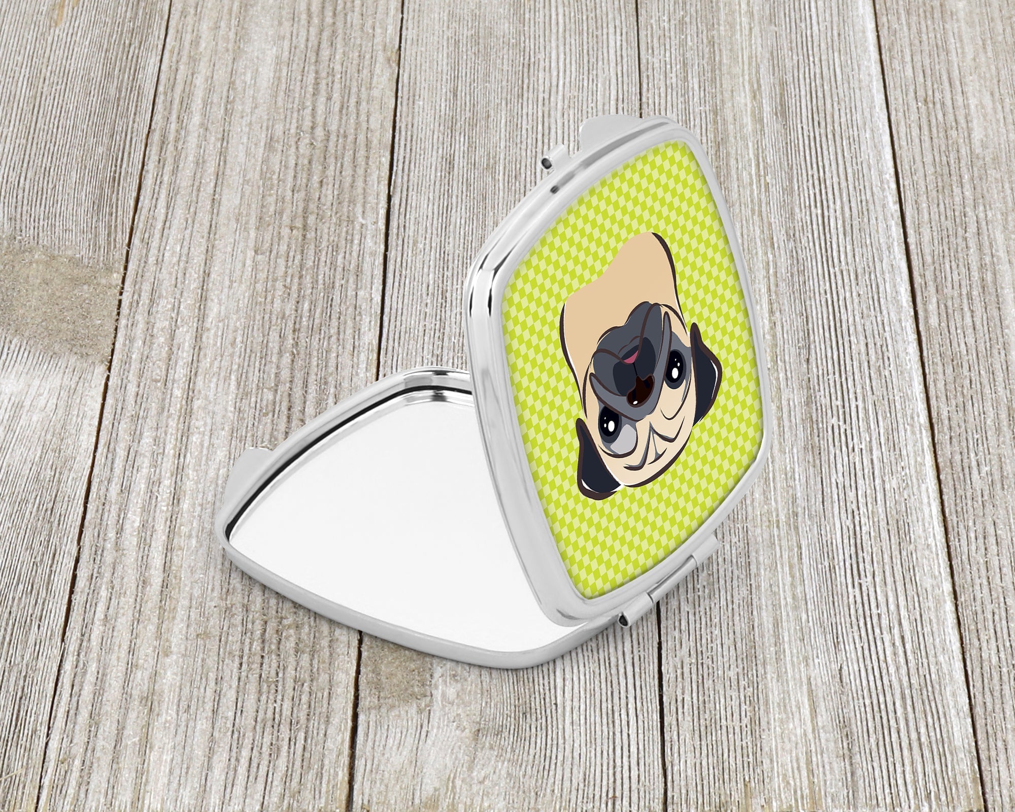 Checkerboard Lime Green Fawn Pug Compact Mirror Decorative Travel Makeup Mirror for Women Girls Gifts Pocket Makeup Mirror Folding Handheld
