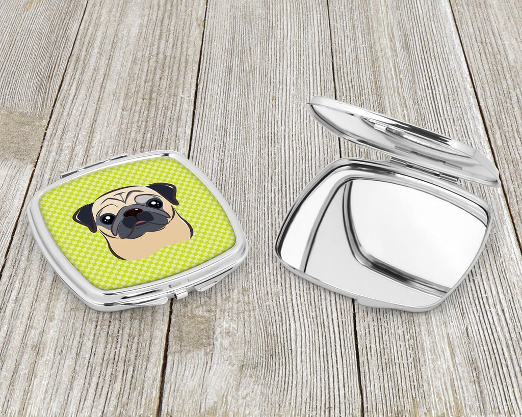 Checkerboard Lime Green Fawn Pug Compact Mirror Decorative Travel Makeup Mirror for Women Girls Gifts Pocket Makeup Mirror Folding Handheld