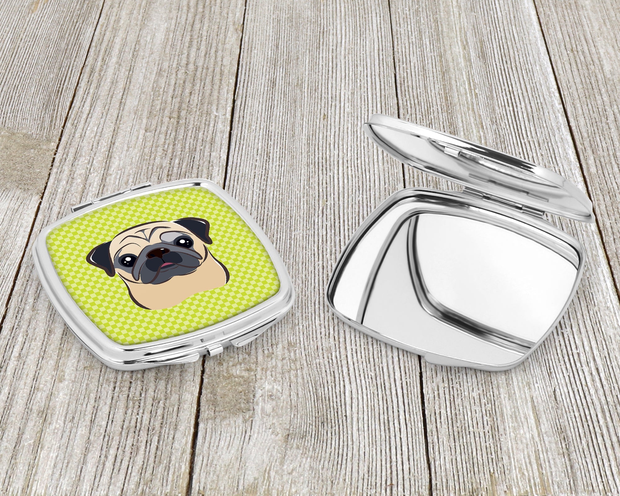 Checkerboard Lime Green Fawn Pug Compact Mirror Decorative Travel Makeup Mirror for Women Girls Gifts Pocket Makeup Mirror Folding Handheld
