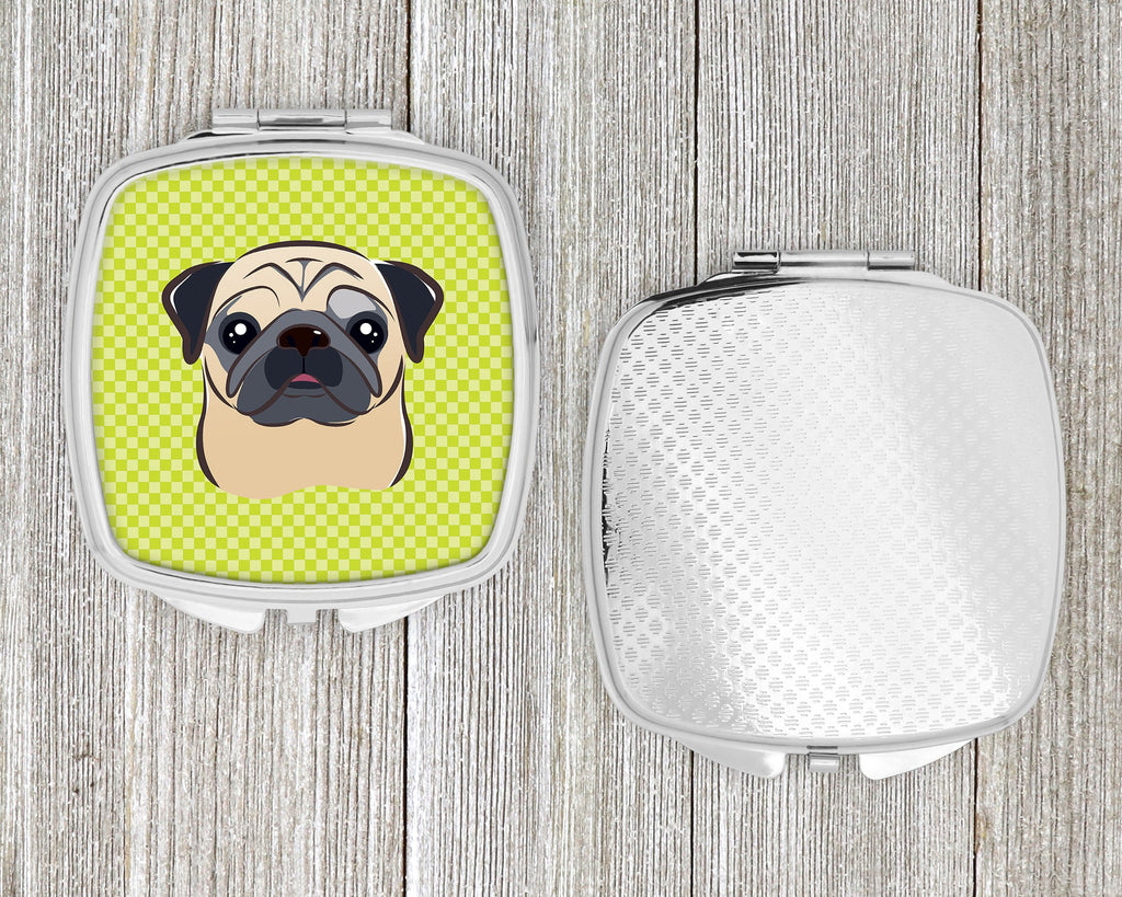 Checkerboard Lime Green Fawn Pug Compact Mirror Decorative Travel Makeup Mirror for Women Girls Gifts Pocket Makeup Mirror Folding Handheld