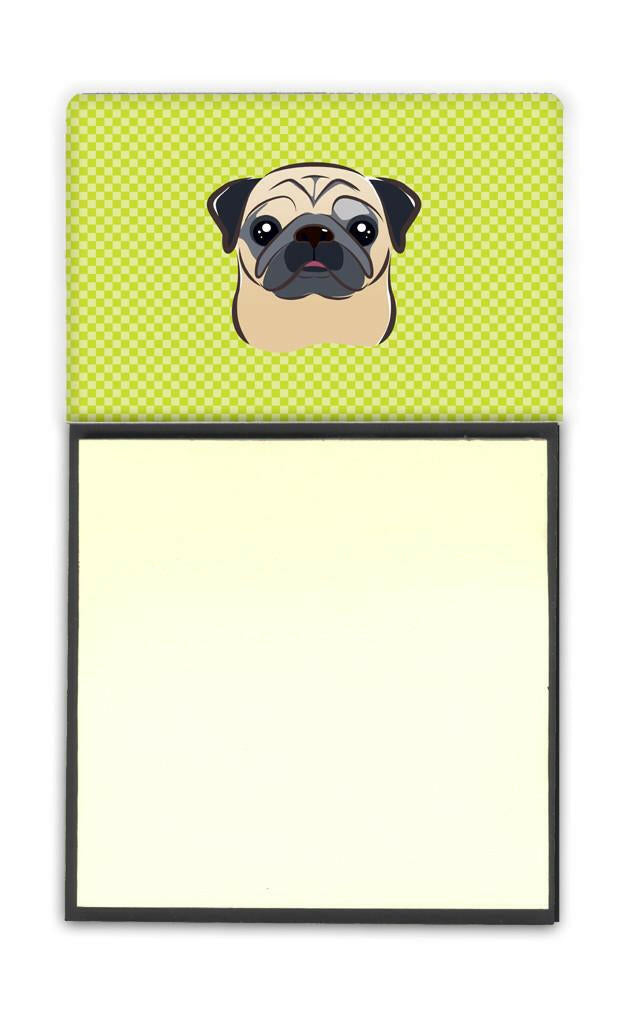 Checkerboard Lime Green Fawn Pug Watercolor Sticky Note Holder Refillable Dispenser Desk Accessory 3x3 Pad Gift