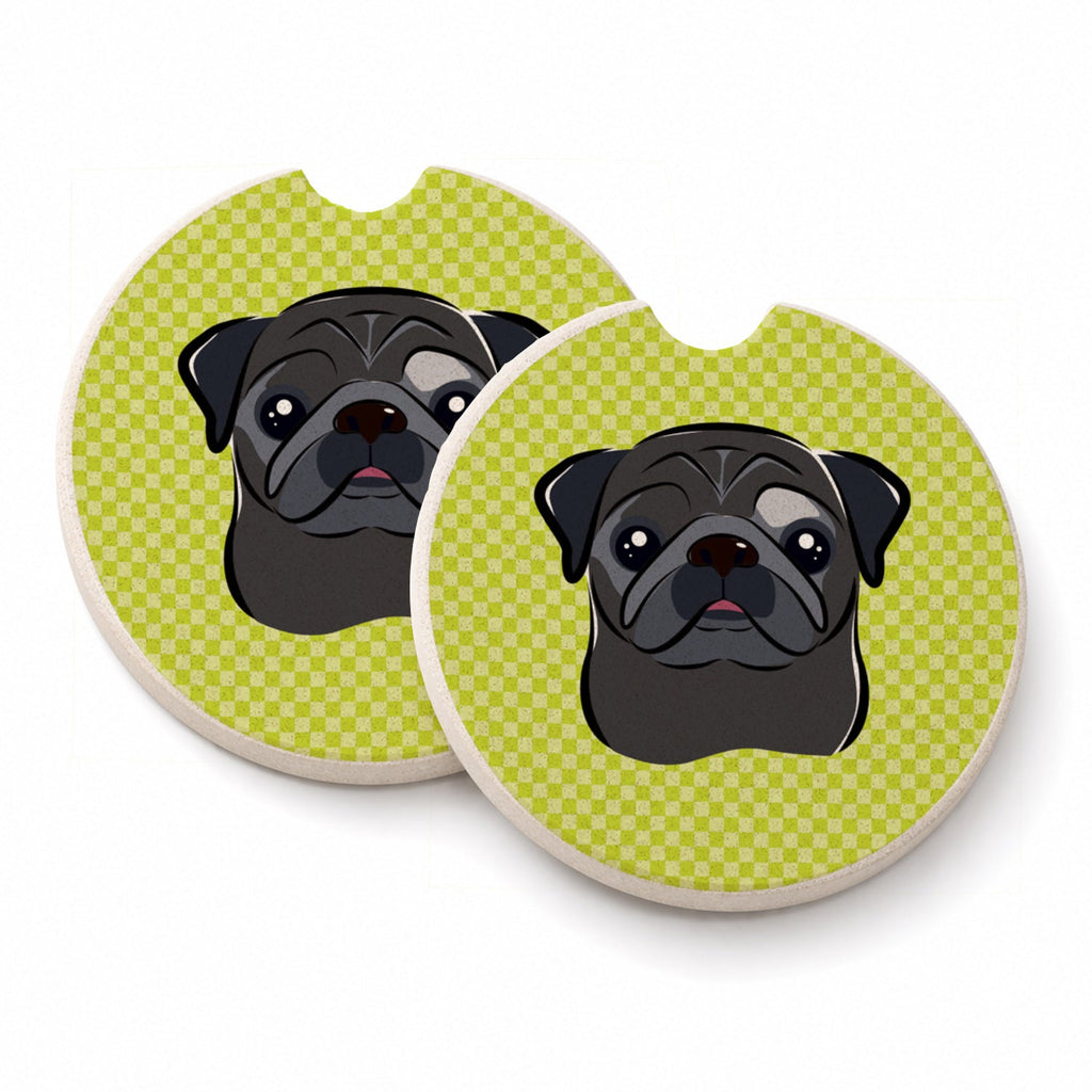 Checkerboard Lime Green Black Pug Set of 2 Cup Holder Car Coasters Absorbent Round Sandstone Coasters Gifts for Men or Women, 2.5, Multicolor