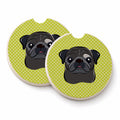 Checkerboard Lime Green Black Pug Set of 2 Cup Holder Car Coasters Absorbent Round Sandstone Coasters Gifts for Men or Women, 2.5, Multicolor