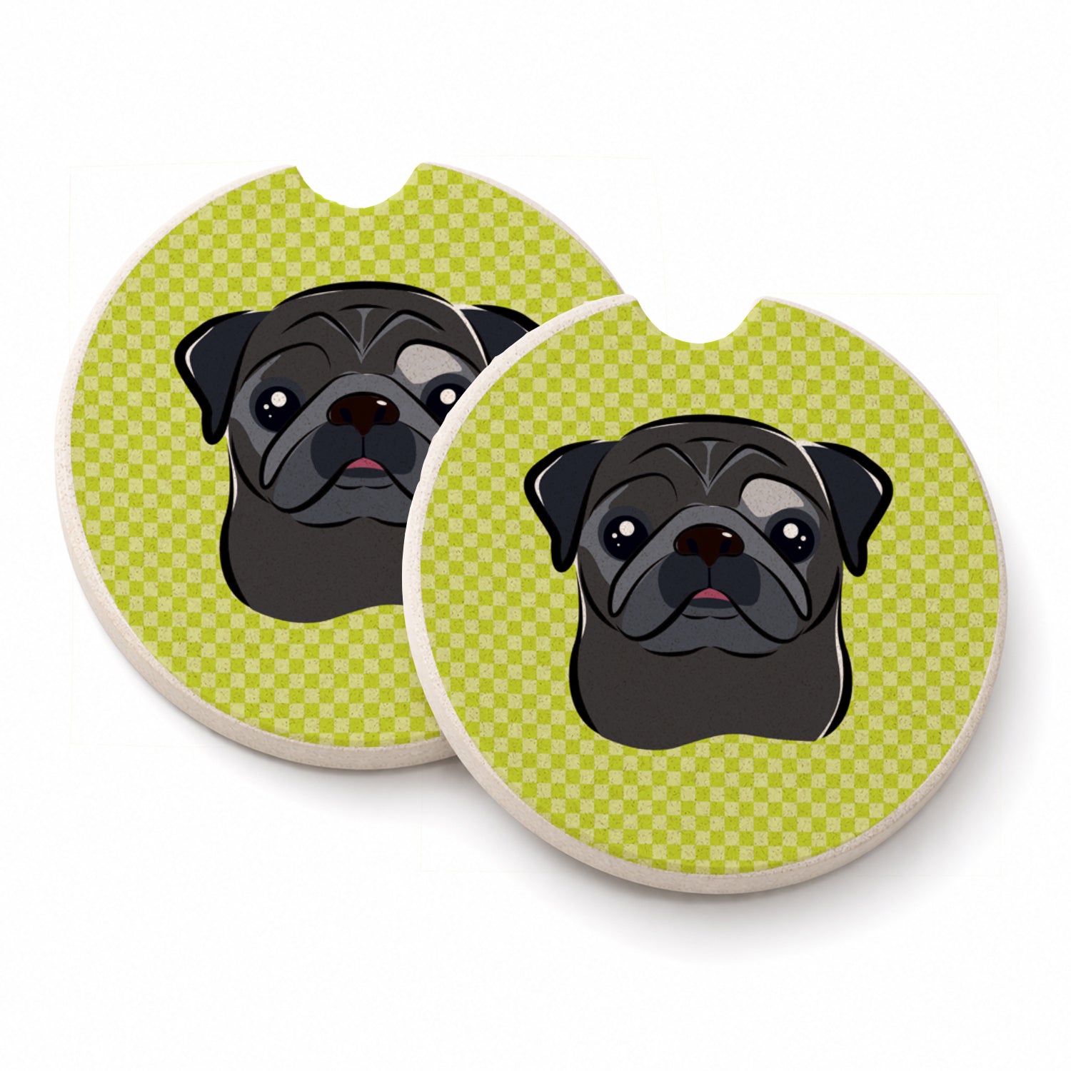 Checkerboard Lime Green Black Pug Set of 2 Cup Holder Car Coasters Absorbent Round Sandstone Coasters Gifts for Men or Women, 2.5, Multicolor