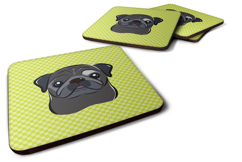 Checkerboard Lime Green Black Pug Foam Coasters Set of 4 Cup Coasters for Indoor Outdoor, Tabletop Protection, Anti Slip, Mouse pad Material