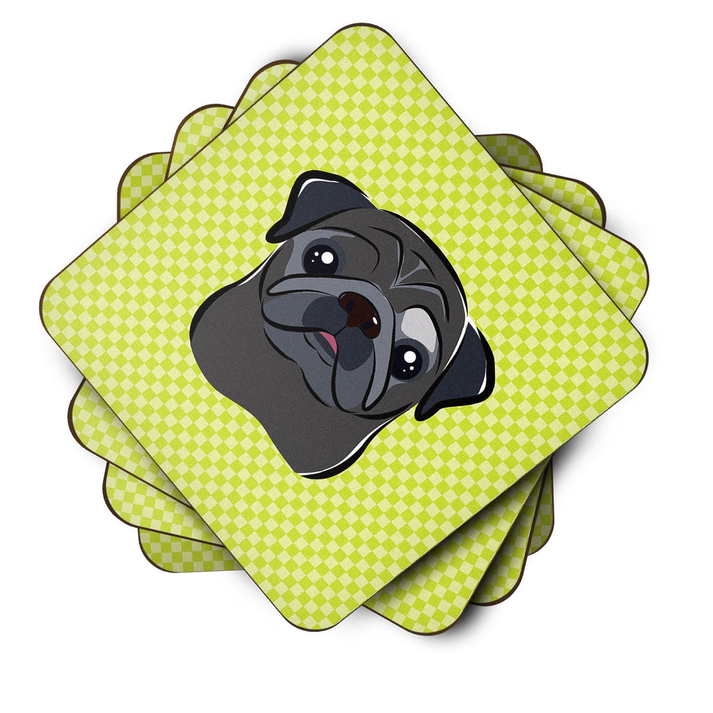 Checkerboard Lime Green Black Pug Foam Coasters Set of 4 Cup Coasters for Indoor Outdoor, Tabletop Protection, Anti Slip, Mouse pad Material