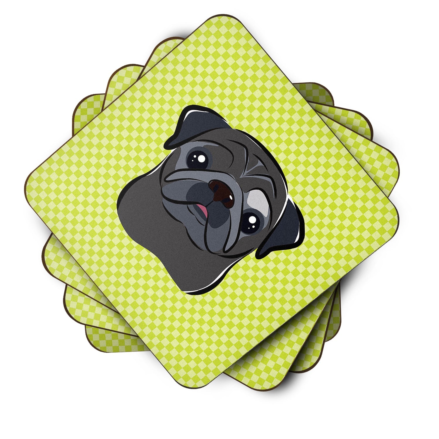 Checkerboard Lime Green Black Pug Foam Coasters Set of 4 Cup Coasters for Indoor Outdoor, Tabletop Protection, Anti Slip, Mouse pad Material