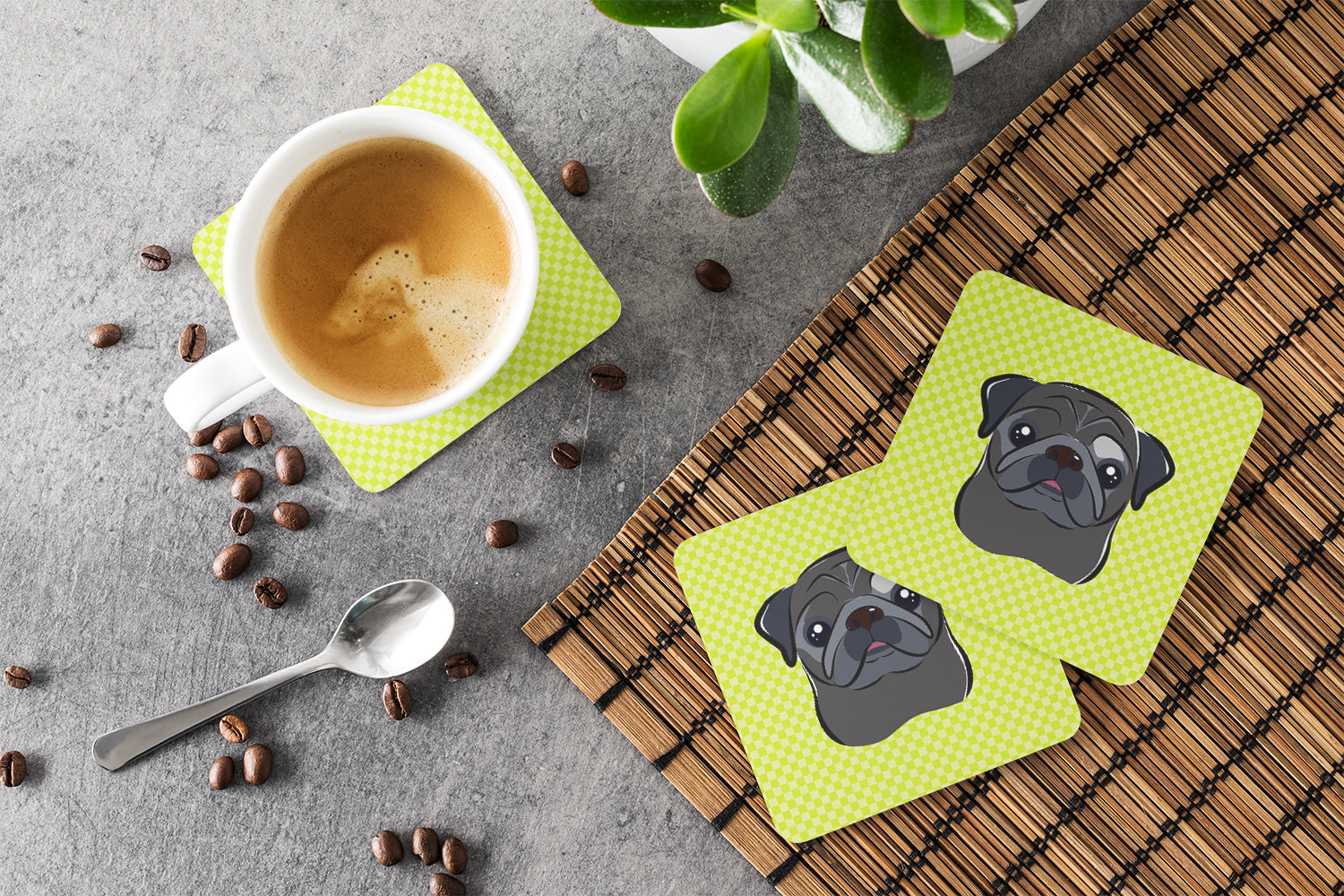 Checkerboard Lime Green Black Pug Foam Coasters Set of 4 Cup Coasters for Indoor Outdoor, Tabletop Protection, Anti Slip, Mouse pad Material