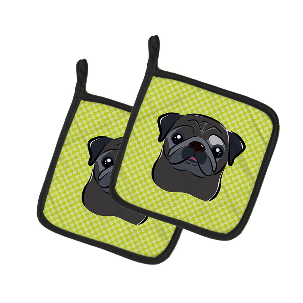 Checkerboard Lime Green Black Pug Pot Holder Set of 2 Heat Resistant Quilted Hot Pads 7.5 x 7.5 Inch, Insulated Kitchen Trivets for Cooking & Baking
