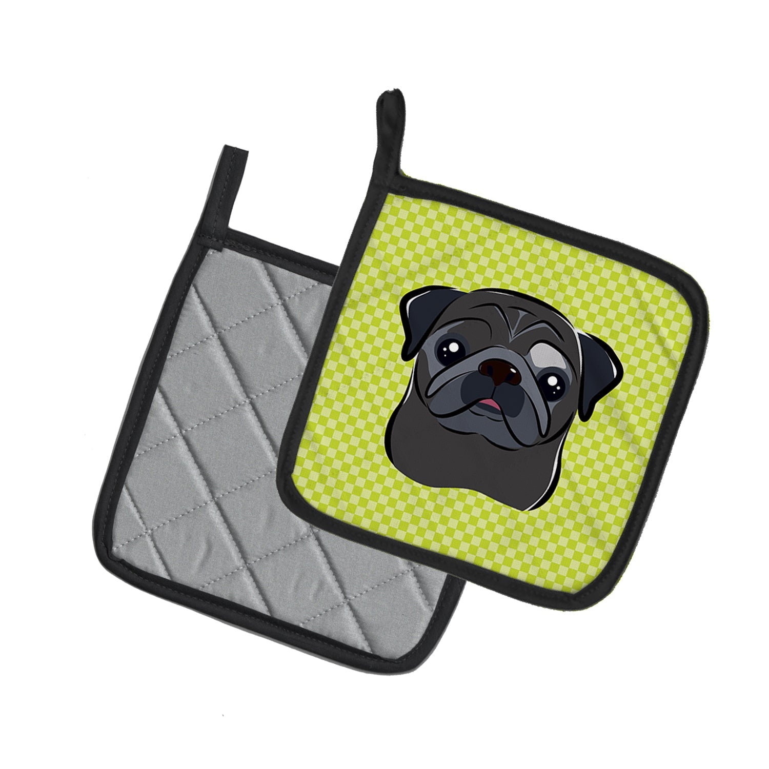 Checkerboard Lime Green Black Pug Pot Holder Set of 2 Heat Resistant Quilted Hot Pads 7.5 x 7.5 Inch, Insulated Kitchen Trivets for Cooking & Baking