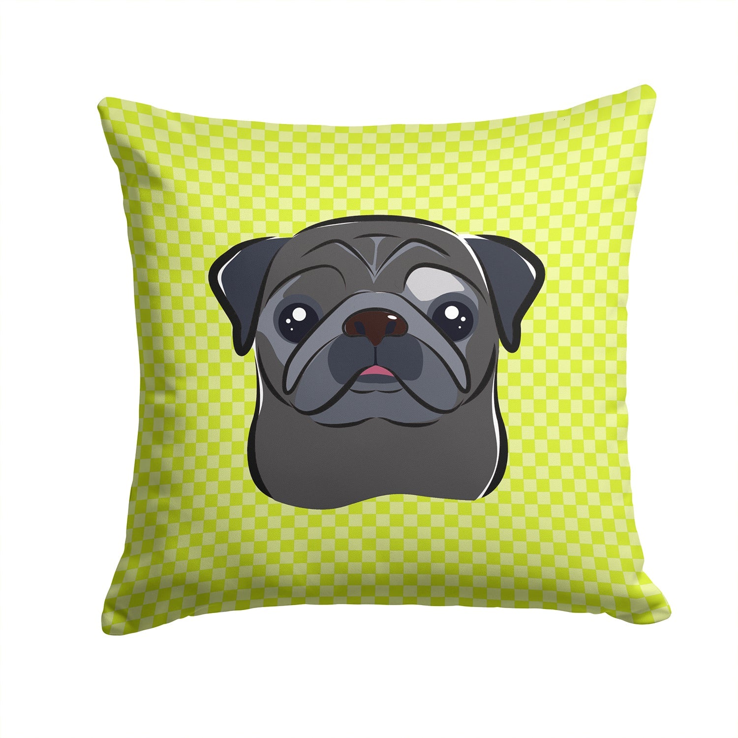 Checkerboard Lime Green Black Pug Decorative Throw Pillow 14x14 Indoor Outdoor Accent Cushion, Fabric Cover with Insert for Sofa, Bed, Porch & Living Room